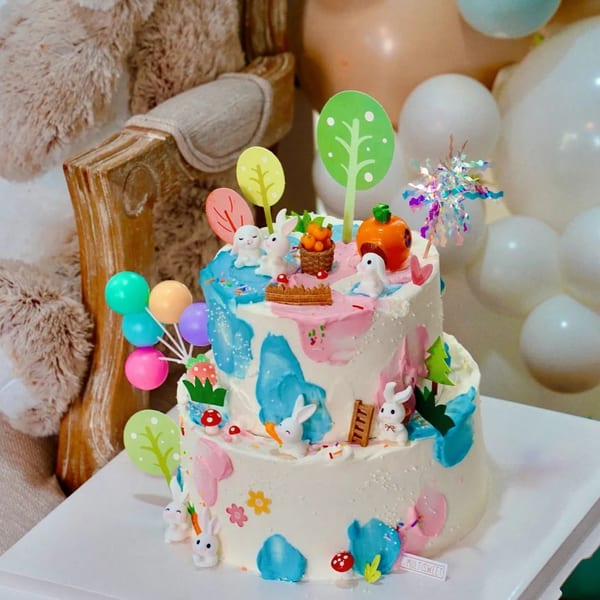 A two-tier Studio Multisweet cake with bunny figurines, colorful balloons, and trees.