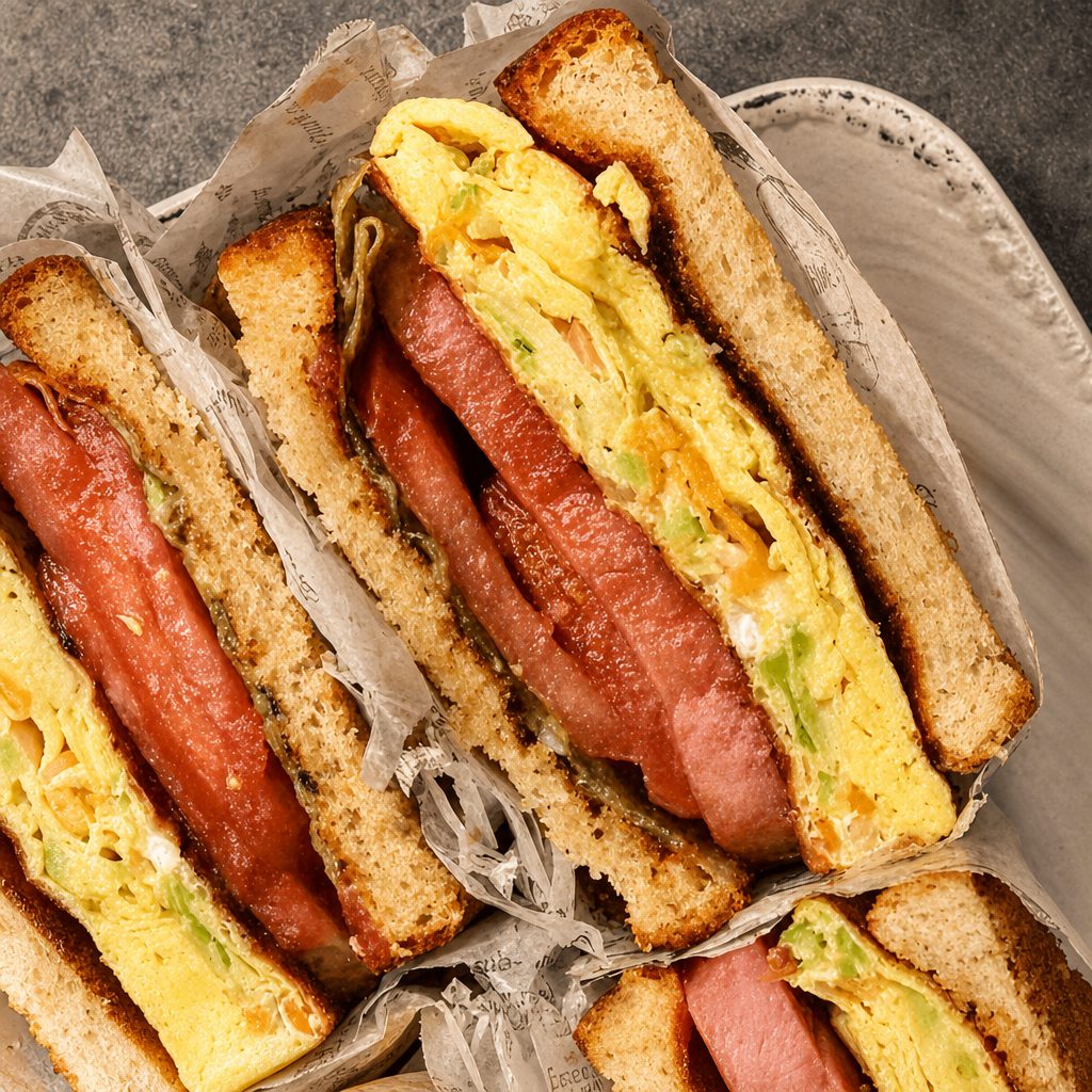 Spam Egg Drop Sandwich (火腿厚蛋三明治).